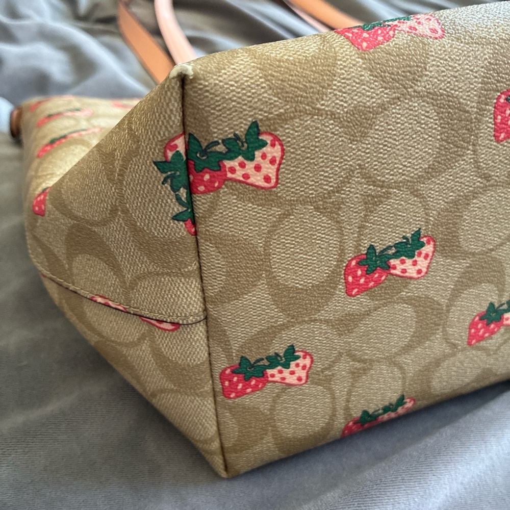 Coach Tan Signature Strawberry Print Tote with Pink Leather Straps - Picture 2 of 6